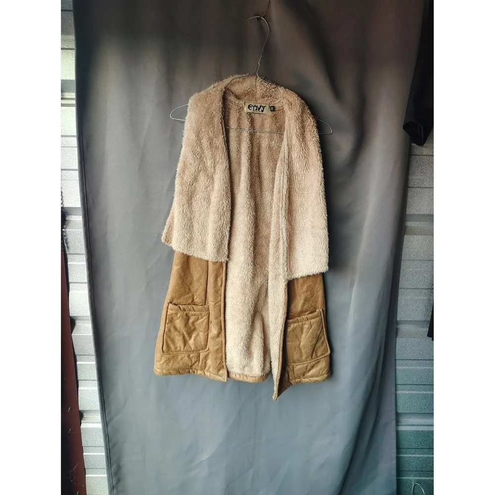 Envy Tan Faux Suede Shearling Lined Longline Vest Womens Medium Open Front